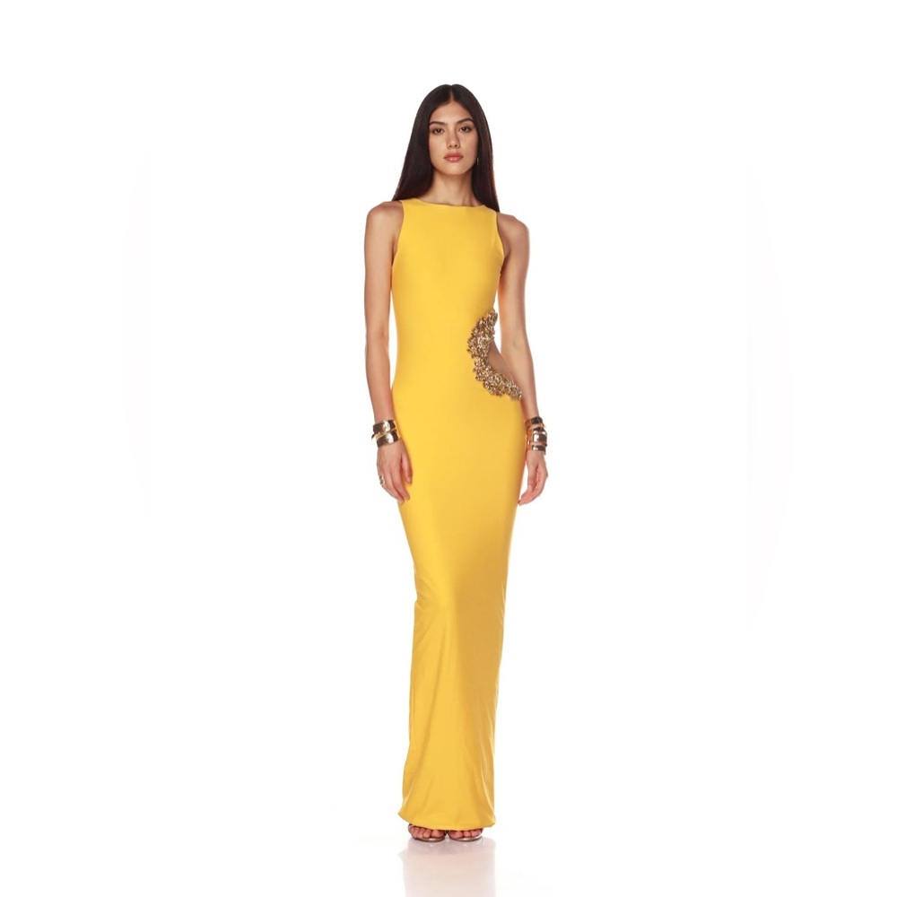 NWOT BRONX AND BANCO Camila Yellow Rhinestone Cutout Maxi Dress - Picture 5 of 15